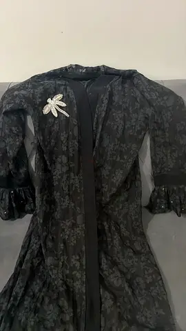 Black Floral Long Abaya/Cardigan with Embellished Brooch - Size M/L
