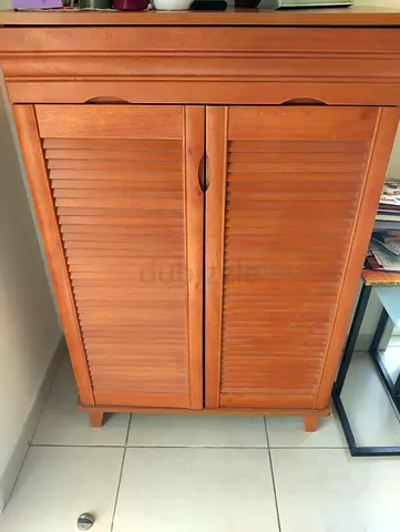 Wooden Storage Cabinet with Slatted Doors