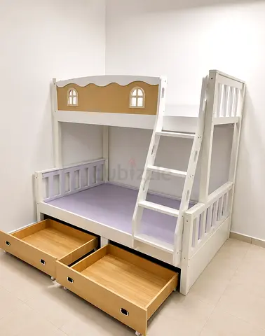 White Wooden Kids Bunk Bed with Storage Drawers Good Quality mattress
