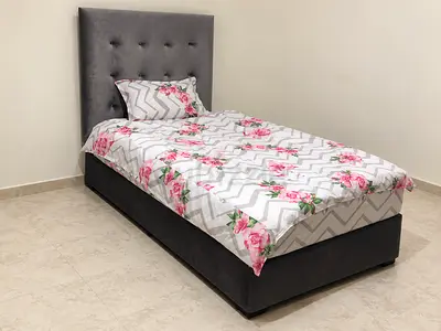 Single Upholstered Bed with Tall Padded Headboard & Mattress