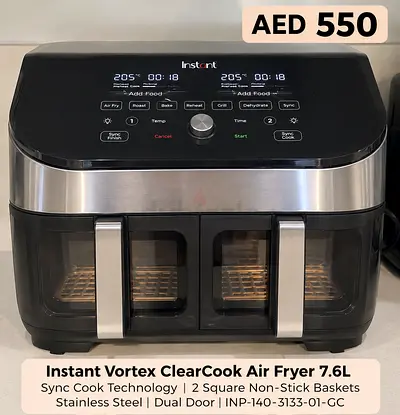 Instant Vortex ClearCook Air Fryer 7.6 Sync Cook Technology 2 Square Non-Stick Baskets INP-140-3133-