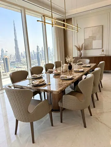 Marble Top Dining Table with 8 Upholstered Armchairs - Modern Set, Excellent Condition