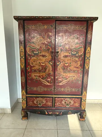 Vintage Chinese Hand-Painted Dragon Wardrobe / Armoire