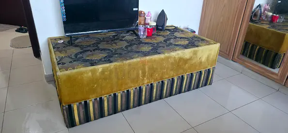 Upholstered Storage Bench / Ottoman in Gold and Striped Fabric