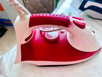 Used Steam Iron - Red & White, Good Working Condition