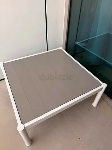 Low square outdoor/indoor side table — white frame with grey top