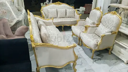 Classic Gold Trim 3-Piece Living Room Sofa Set - Cream Upholstery