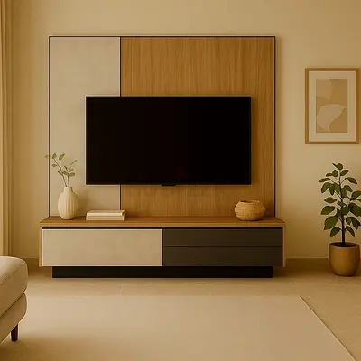 Modern Minimalist Entertainment Center with Wood and Stone Finish
