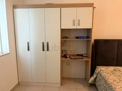 White and Oak 4-Door Wardrobe with Open Shelves - Good Condition