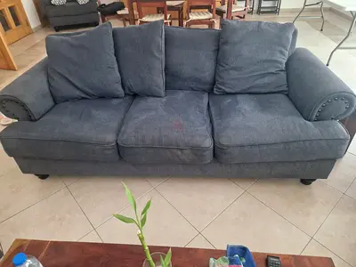 Set of 3 seater and 1 seater large comfortable blue armchair with nailhead trim
