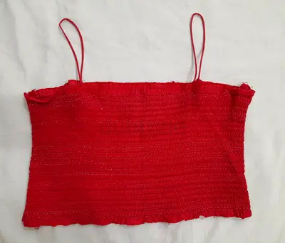 Red smocked cropped camisole top, spaghetti straps, size small