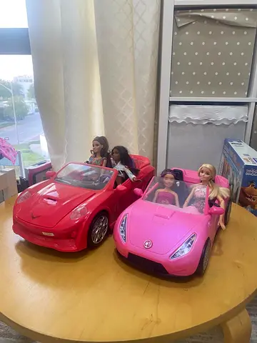 Pair of Barbie-style Dolls with Two Convertible Toy Cars - Pink & Red with 4 Barbie dolls