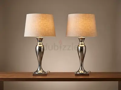 Pair of Silver Table Lamps with Beige Shades 58cm