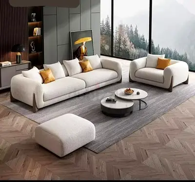 Brand New Modern Cream Fabric Sofa Set with Armchair and Ottoman