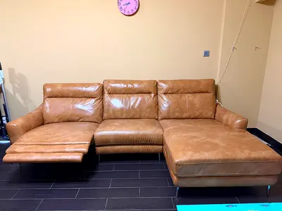 Tan Leather L-Shaped Recliner Sofa with Chaise - Good Condition
