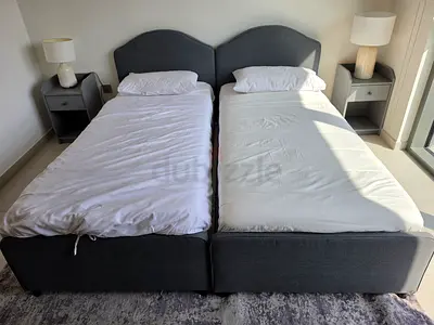 Pair of Grey Single Beds with Headboards and Bases (Ready to Use)