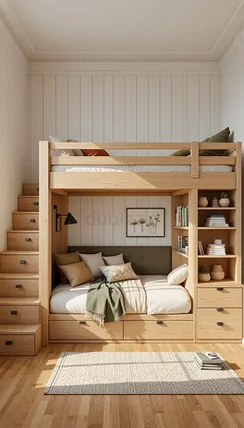 Solid Wood Loft Bunk Bed with Built-in Storage Shelves and Drawers