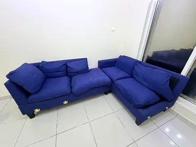 Blue L-shaped Fabric Sofa — 5-seater, good condition- 150 AED