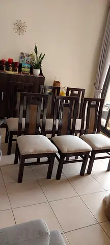 Set of 6 Dark Wood Dining Chairs with Light Upholstered Seats