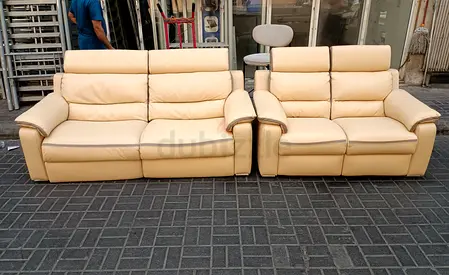 Beige Leather Reclining Sofa Set - 3-seater + 2-seater, Good Condition