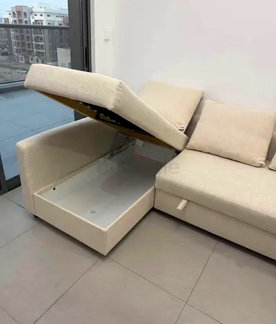 Beige L-Shaped Sofa Bed with Integrated Storage