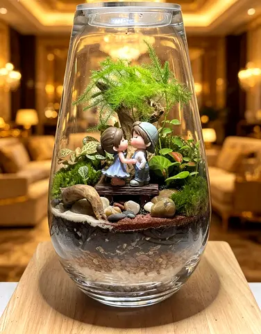 Glass Terrarium with Miniature Couple Figurines - Decorative Plant Display