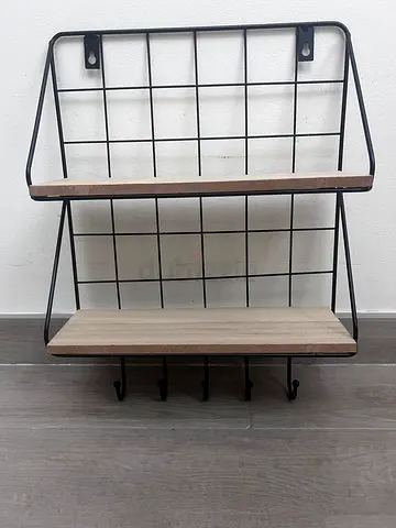 Wall-mounted metal and wood shelf with hooks - 2-tier