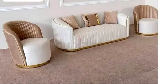 Modern curved 3-seater sofa with two matching swivel chairs - cream & gold