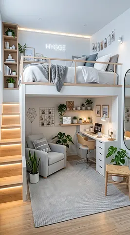 Loft Bed with Built-in Desk, Shelves and Staircase - Modern Hygge Design
