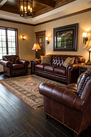 Customised Classic Brown Leather Chesterfield 3-Seater Sofa with Armchairs (Set)