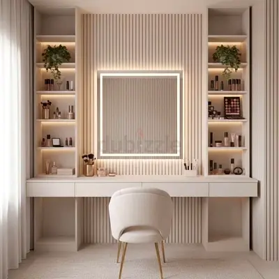 Modern built-in vanity with lighted mirror