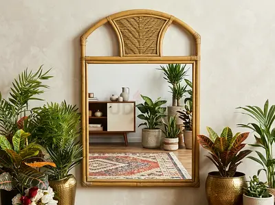Rattan Framed Wall Mirror with Arched Top - Natural Finish