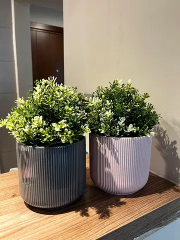 Pair of Decorative Ribbed Ceramic Plant Pots with Artificial Greenery