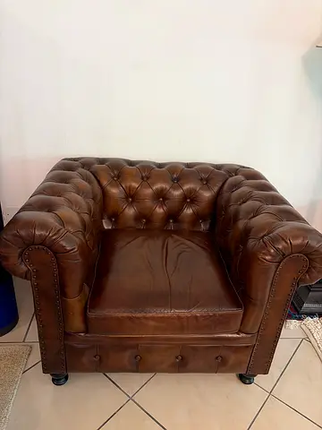 Brown Leather Chesterfield Armchair - Classic Tufted Design