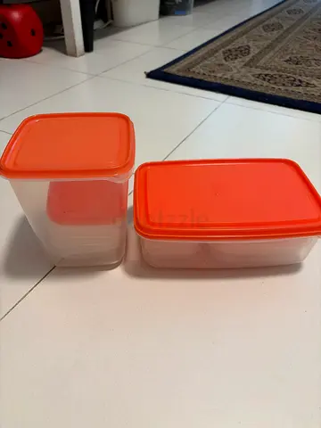 Set of 2 Plastic Food Storage Containers with Orange Lids - Good Condition