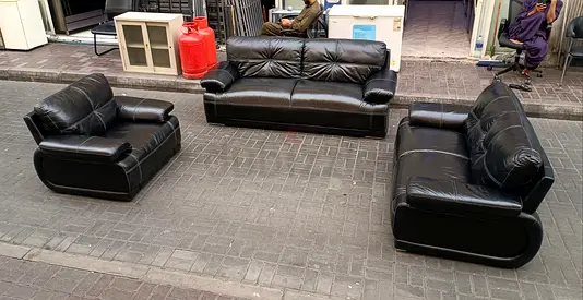 Black leather 3-piece sofa set — 3-seater + 2-seater + single armchair