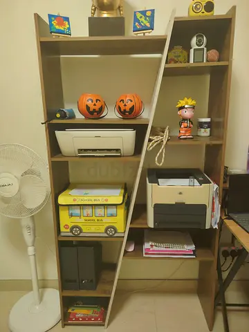 Wooden tall shelving unit with desk space - good used condition
