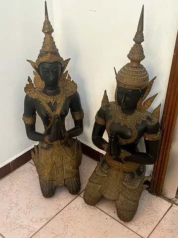 Pair of Traditional Thai Black & Gold Temple Guardian Statues