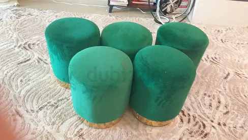 Set of 5 Green Velvet Round Ottoman Stools with Gold Base