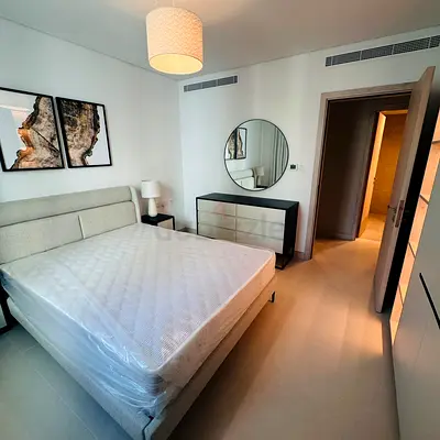Queen Bed Frame with Mattress - Light Grey/green and dresser and compleet room set.