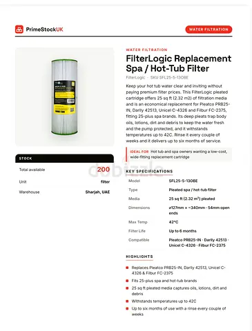 FilterLogic Replacement Spa and Hot Tub Filter SFL25-5-13OBE
