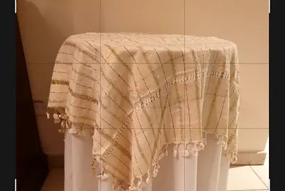 Beige Gold Embellished Table Throw with Tassels, 90 cm
