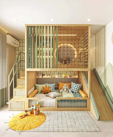Custom wooden kids bunk playhouse with slide and reading nook