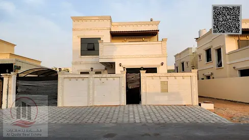 Villa for sale in Al Zahia, Ajman—registration fees included. Features 4 master bedrooms, a majlis, a living area, and a maid's room. Available to all
