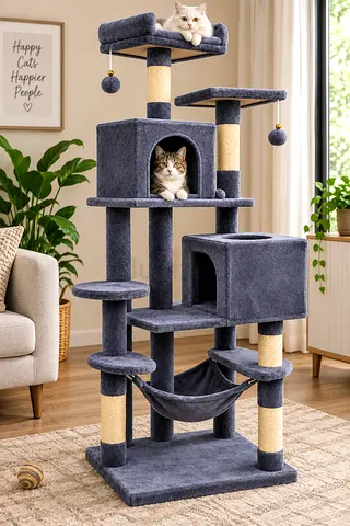 Large 61" Grey Cat Tree Tower with Multiple Platforms & Condo