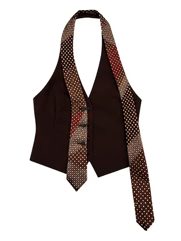ZARA Brown Halter Waistcoat with Attached Patterned Tie - Women's Size M