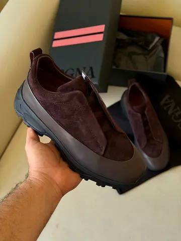 Zegna Men's burgundy suede leather casual sneakers (SUPER MASTER QUALITY)