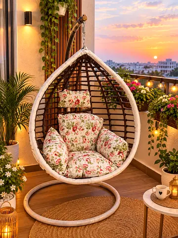 Wicker Teardrop Hanging Egg Chair with Floral Cushions