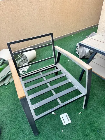Metal and wood outdoor lounge chair frame — good condition with cushions bench & 2 separate singe se