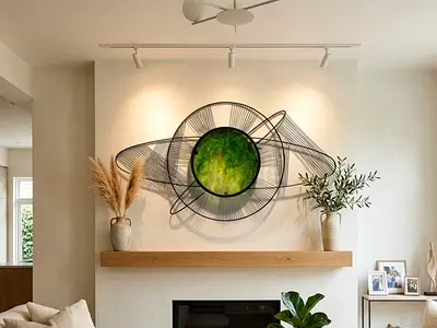 Modern geometric metal wall art featuring Saturn and its planetary rings (110 cm)